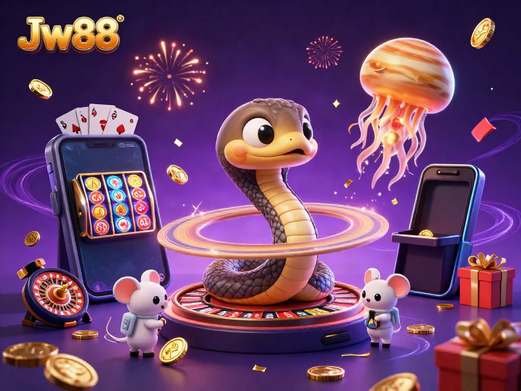 Experience exciting gameplay at Jw88 with spinning slots and a cosmic dealer in a vibrant cosmic scene.