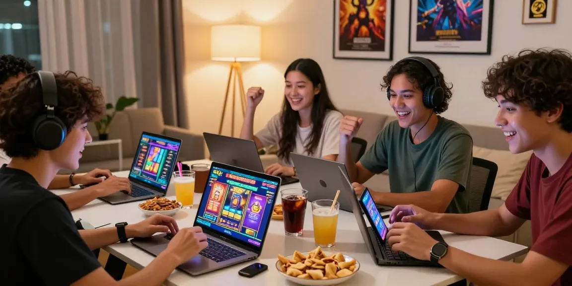 Kelompok teman bermain slot gacor dengan suasana ceria dan perangkat modern di ruang tamu.