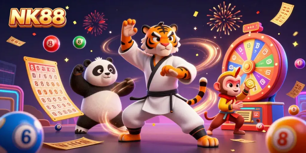 Win big with NK88, featuring a playful kung fu tiger and vibrant casino elements in a fun cartoon scene.