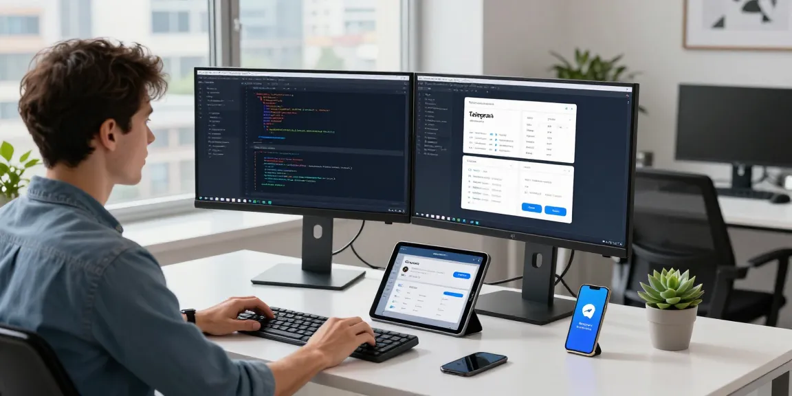 Developer coding Telegram Download app in a modern office with dual monitors and natural light.