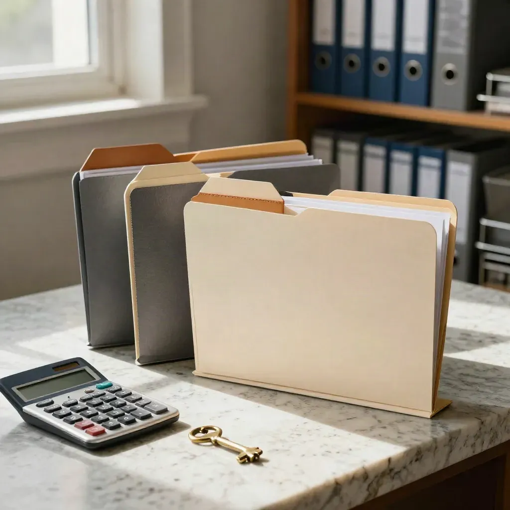 Sealed lender folders, calculator, and brass key on a stone counter in a lending office
