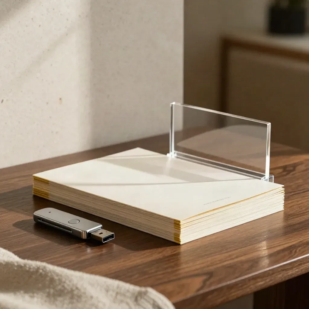 Investor pitch materials on a dark table with acrylic stand, USB drive, and folio in warm daylight.
