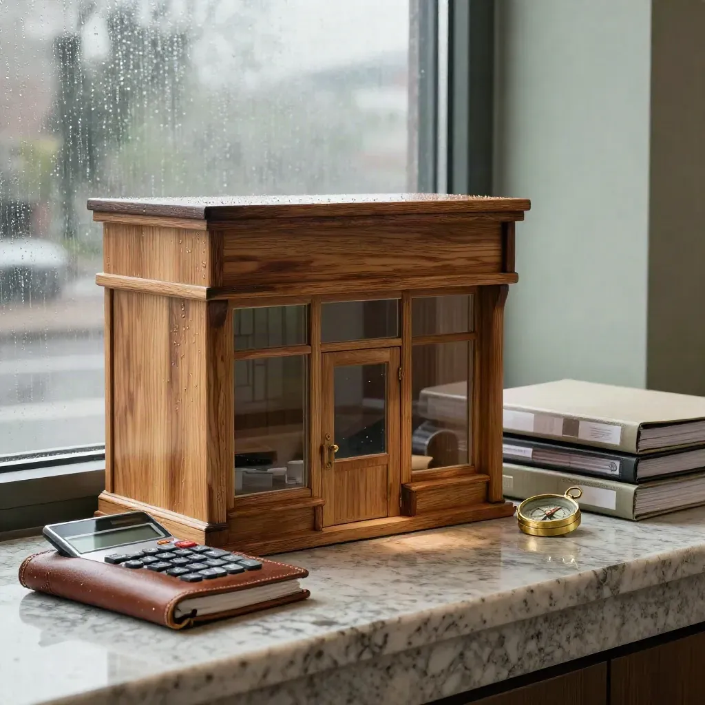 Rainy morning funding tableau with wood storefront model, steel calculator, leather portfolio and brass compass