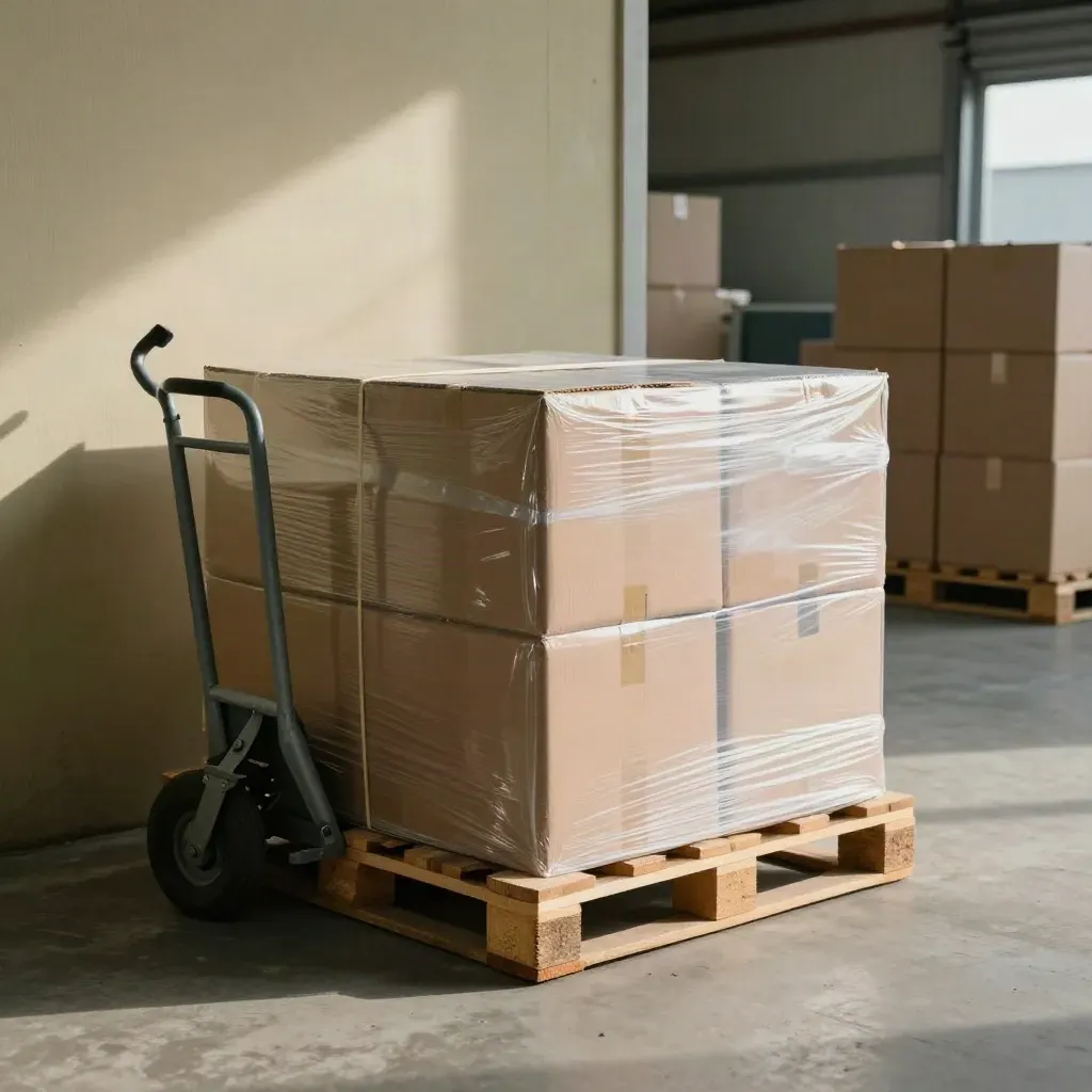 Shrink-wrapped boxes and a hand truck in a hazy warehouse bay, lit by a dramatic shaft of light.