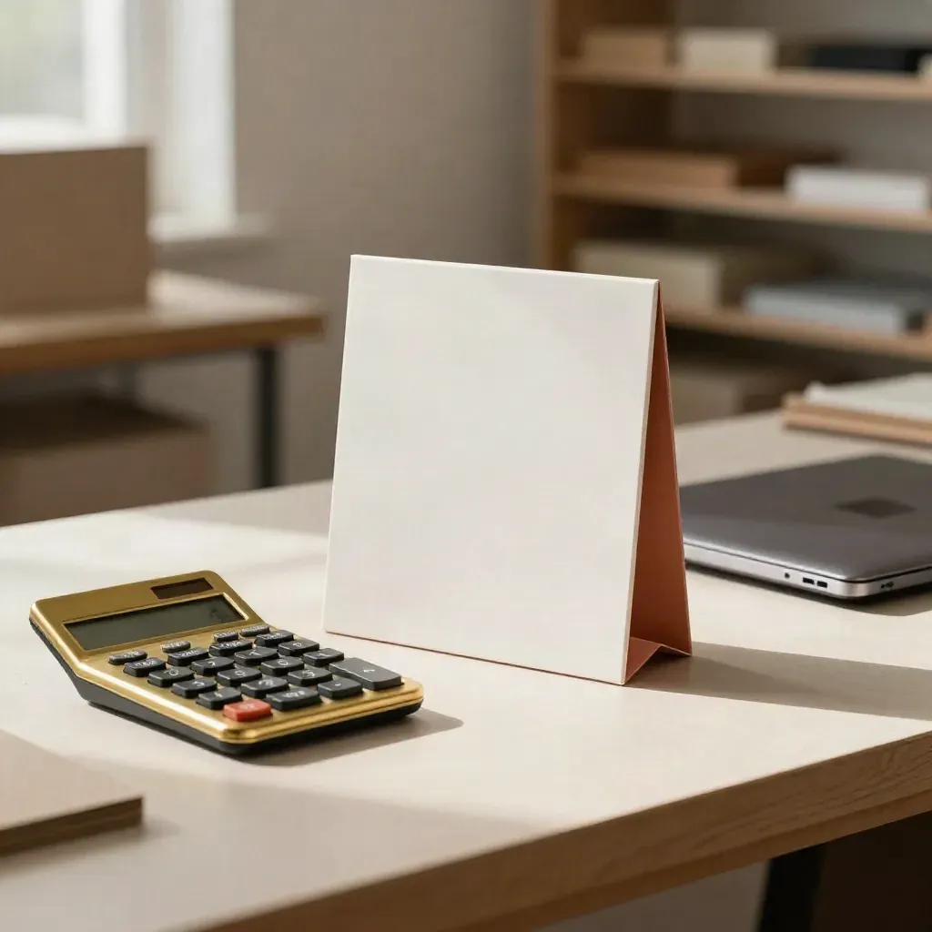 Brass calculator, prototype sample and packaging mockup beside a closed laptop in a founder’s studio