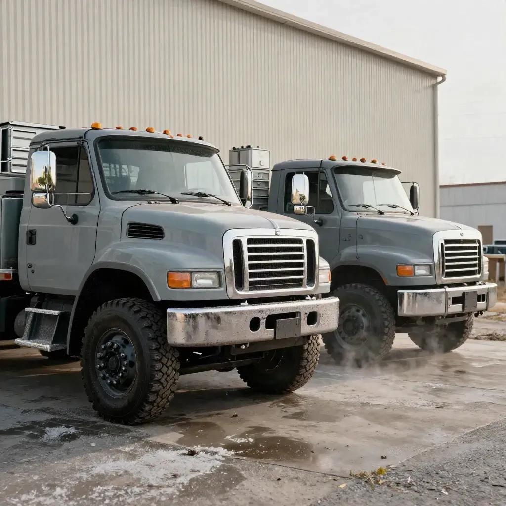 Two ready work trucks, stacked tool chests and fuel cans beside a workshop wall.