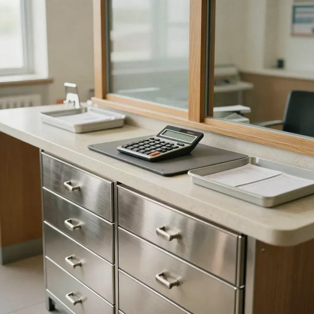 Clinic reception with stocked drawers, calculator, and appointment trays in soft daylight.