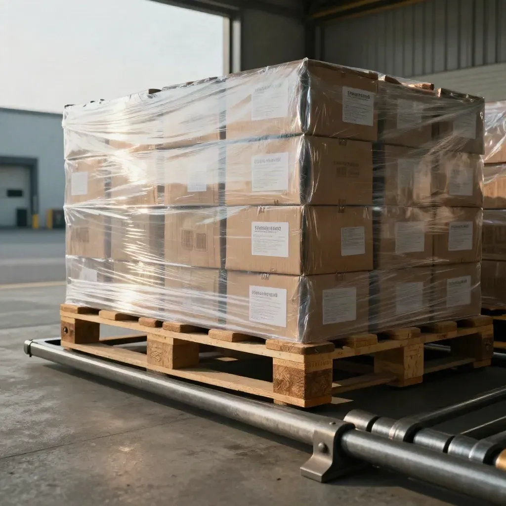 Shrink-wrapped cartons on a pallet in a hazy receiving bay, shot low at dock edge.