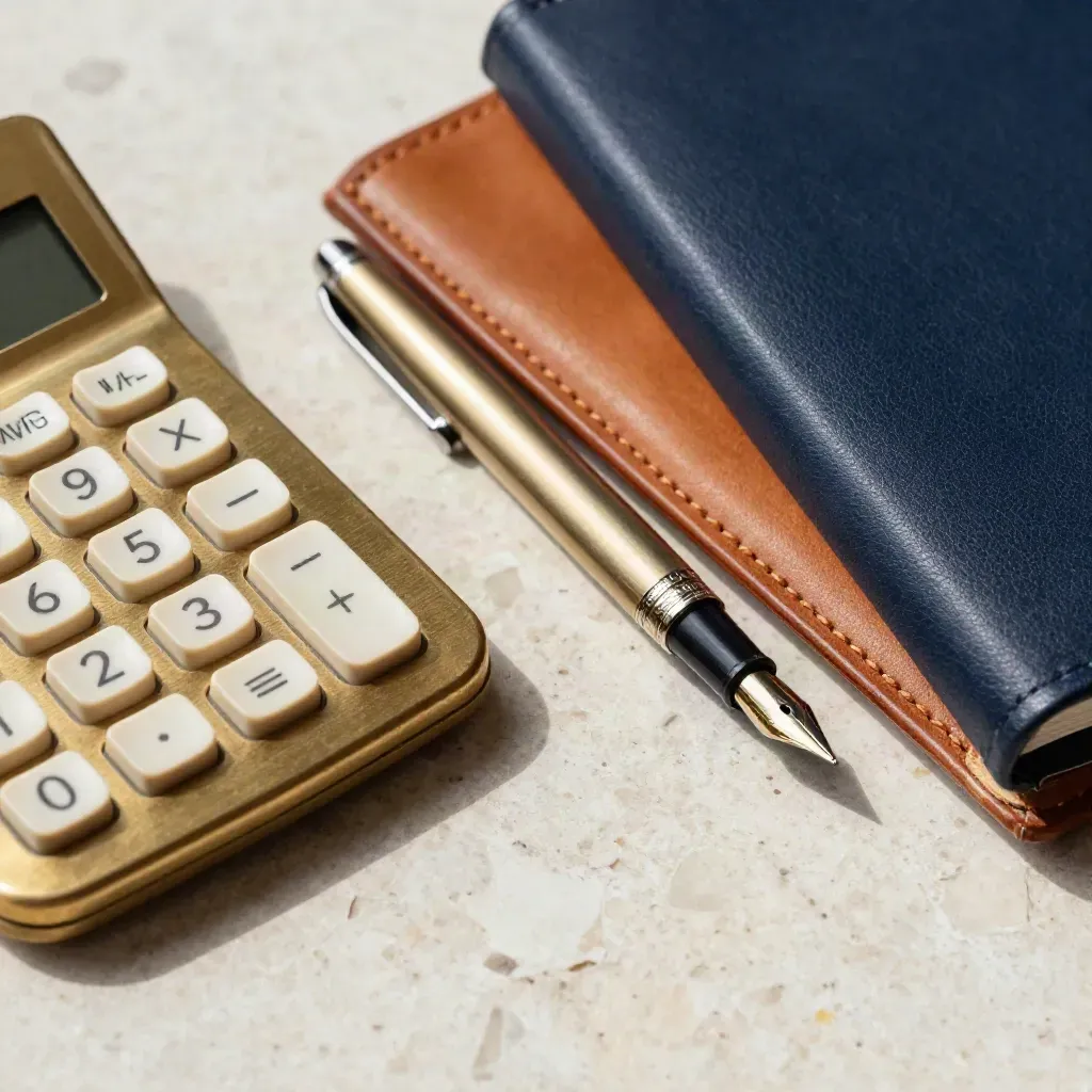 Macro still life of brass calculator, leather portfolio, pen and sealed funding binder on travertine.