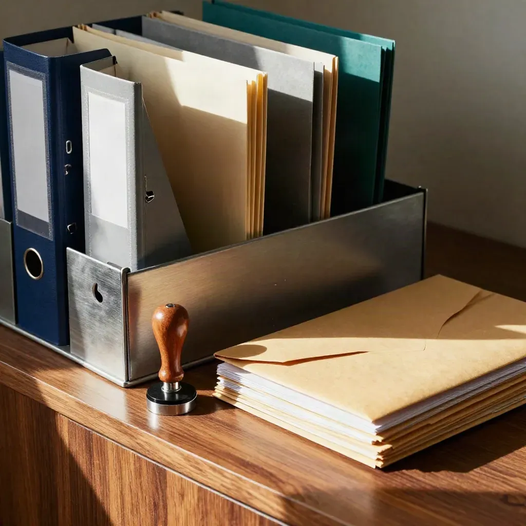 Archive folders, sealed envelopes, and a desk seal on a walnut credenza in dramatic light.