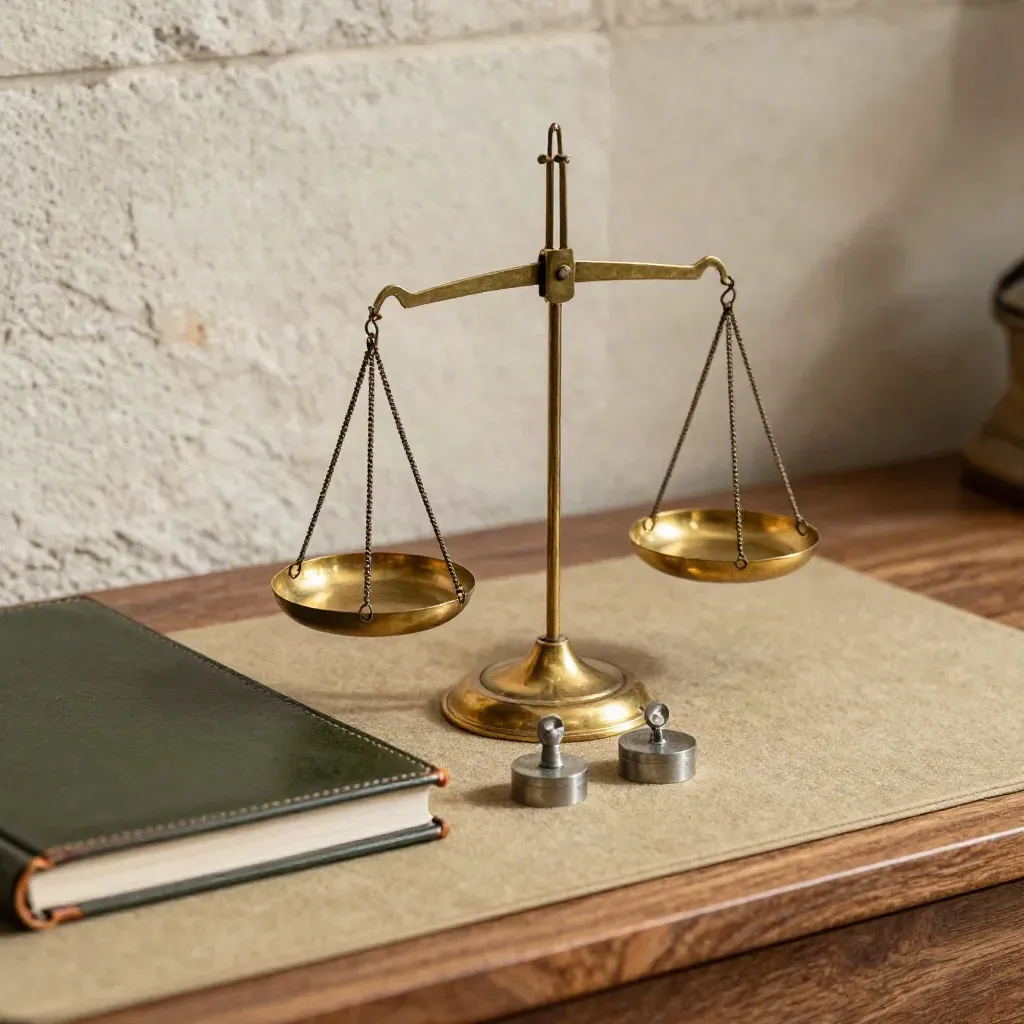 Brass balance scale and weights beside a closed ledger on a walnut desk in soft daylight