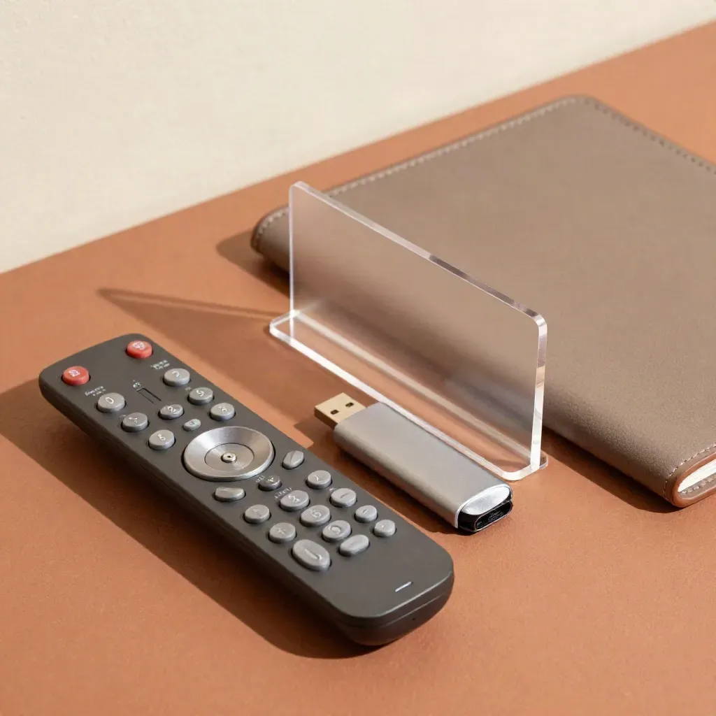 Presentation remote, USB drive, acrylic stand, and closed folio on terracotta tabletop.