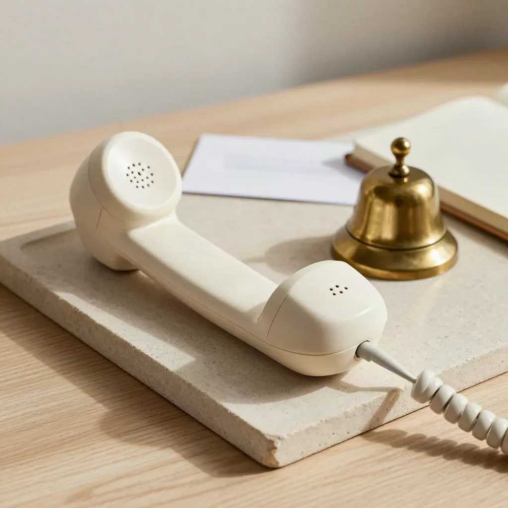 Phone handset, brass bell and notebook on stone tray in soft daylight.
