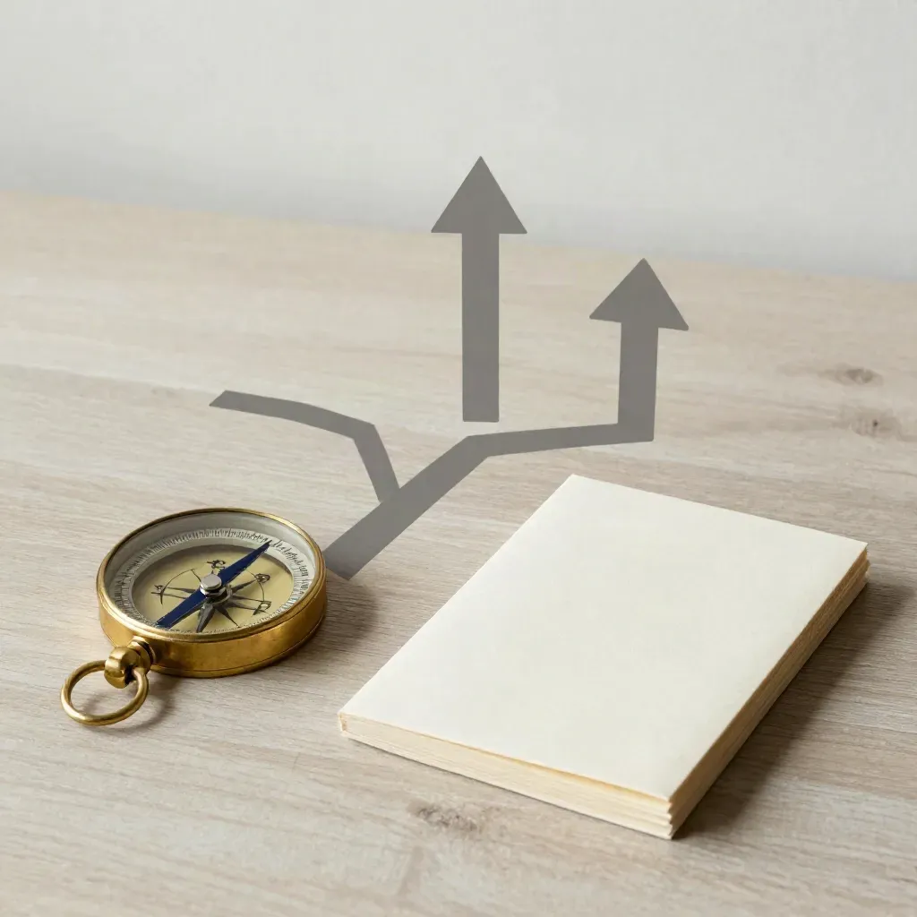 Brass compass, route markers, and sealed folder cards on pale wood with soft light