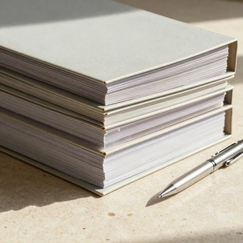 Travertine still life of binders, silver rails, tab dividers and a pen in soft daylight.