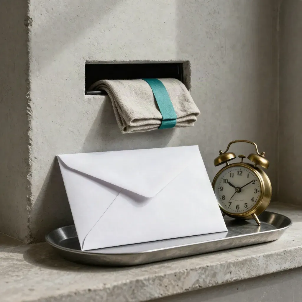 Sealed envelope, brass clock, and mail slot on a stone ledge with teal accent.