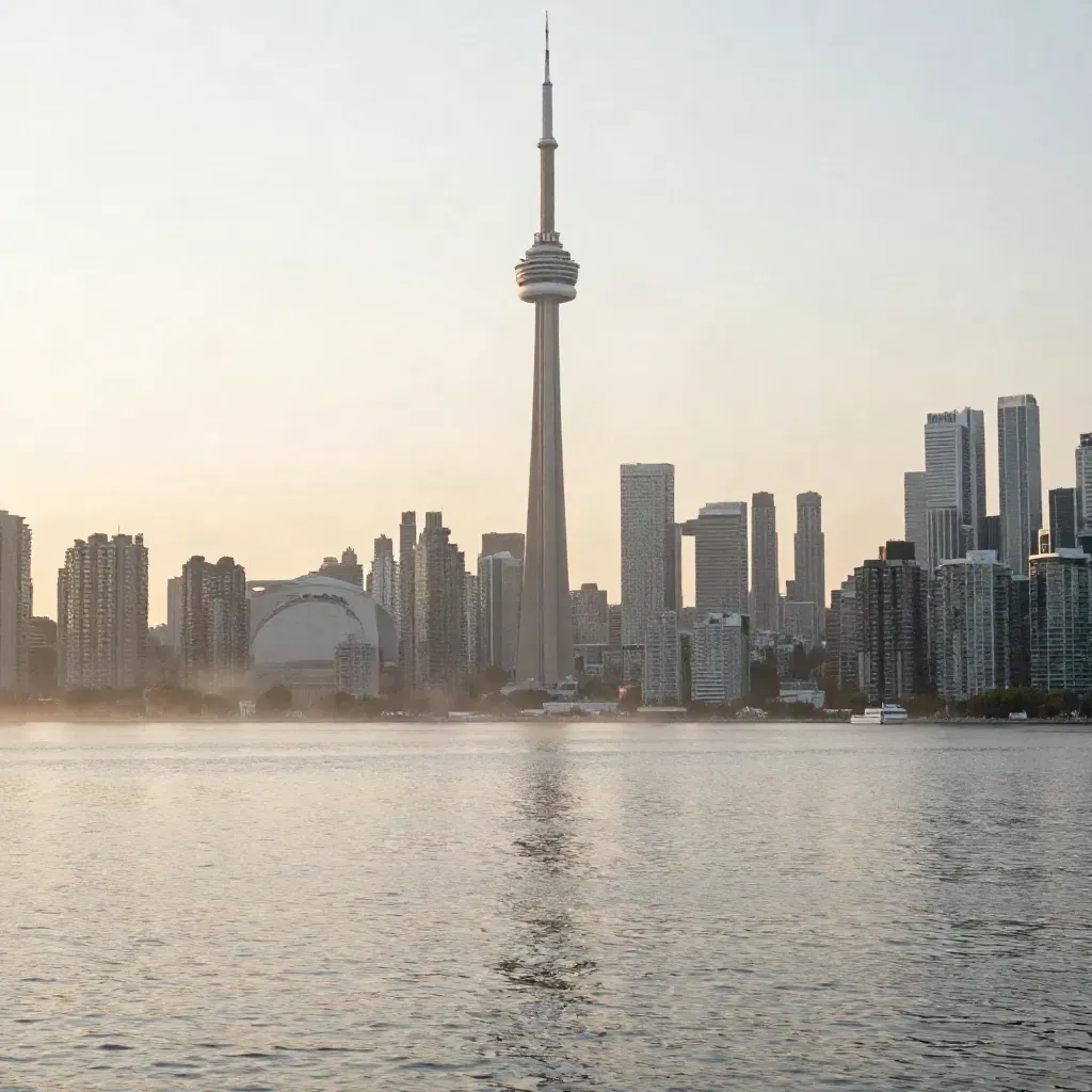 Toronto skyline and lakefront in warm haze with calm water and copy space below