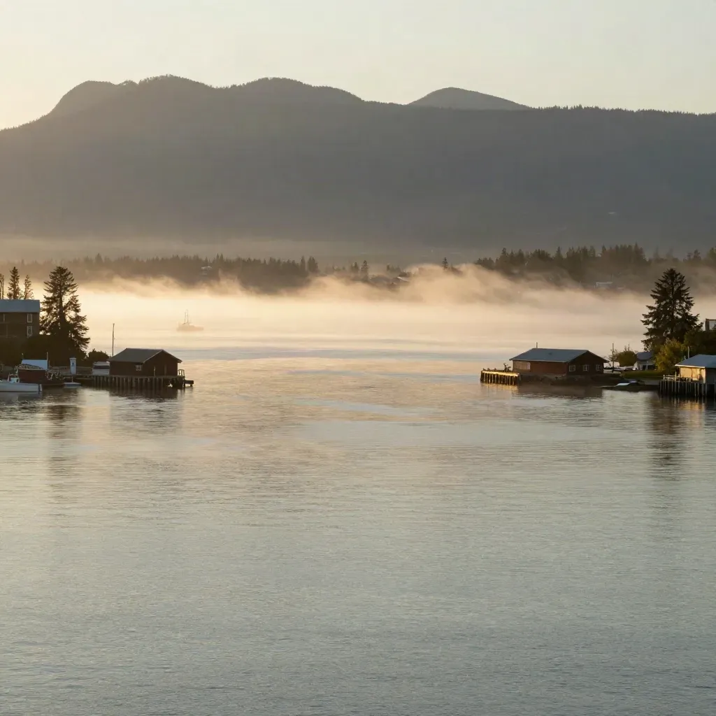 Golden Vancouver harbour with mist, mountains, and open calm water for copy