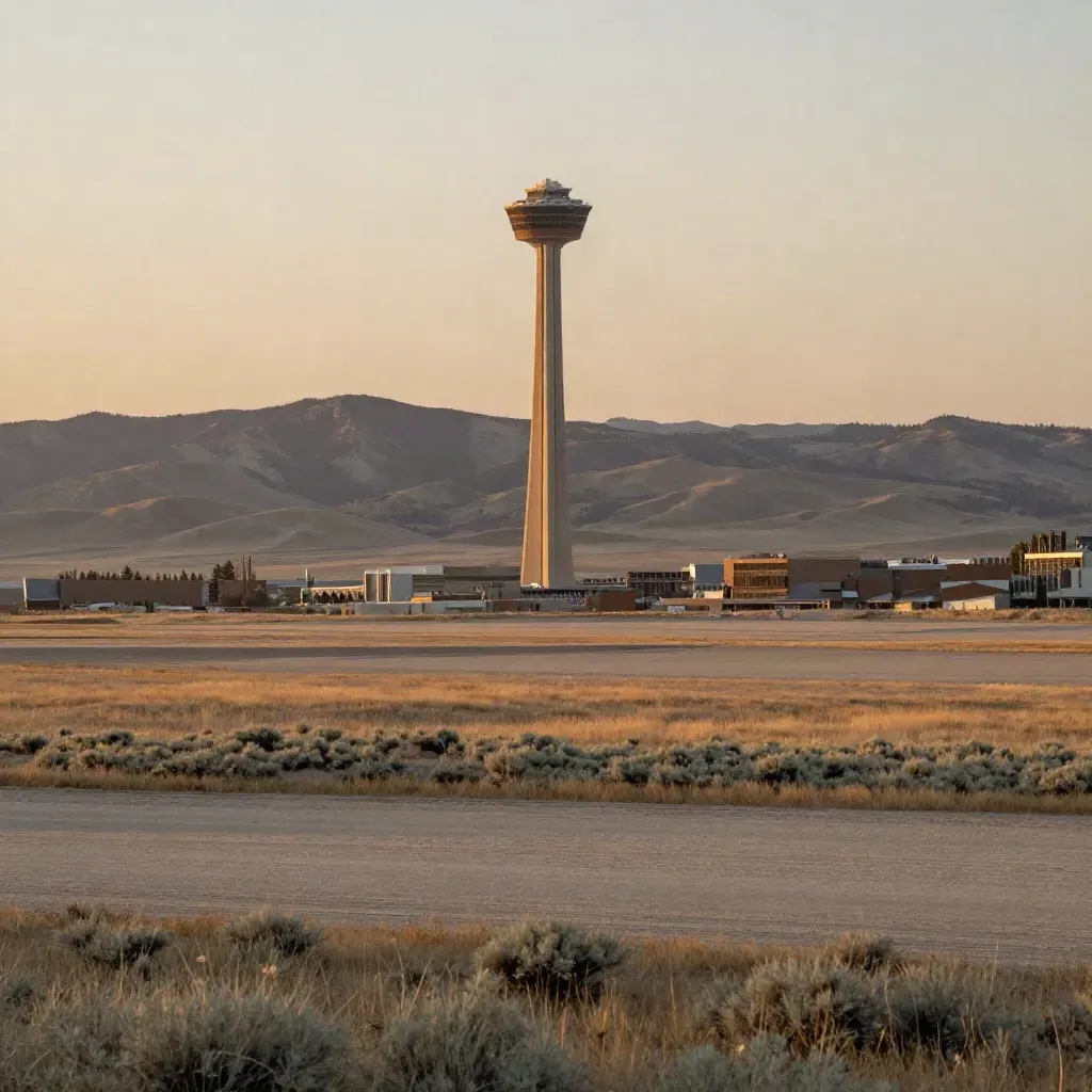 Calgary Tower over prairie edge and hazy foothills at golden hour