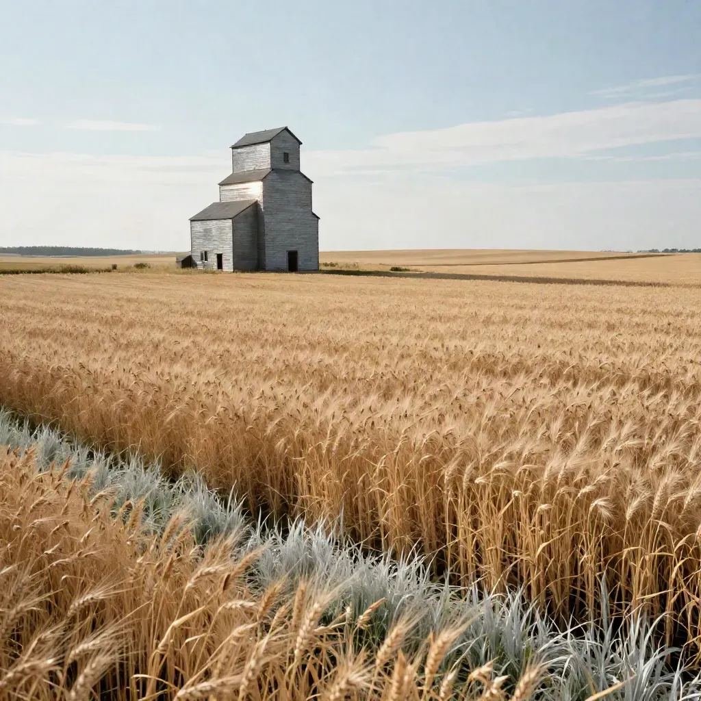 Weathered grain elevator above calm wheat fields under silver haze and high summer light