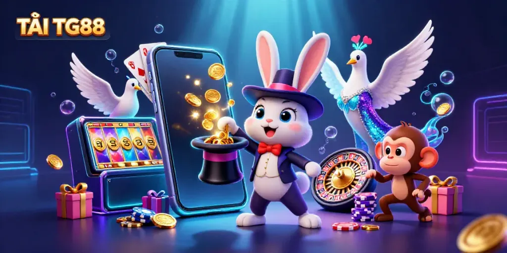 TẢI TG88 magical casino scene with vibrant characters and dynamic gaming elements.