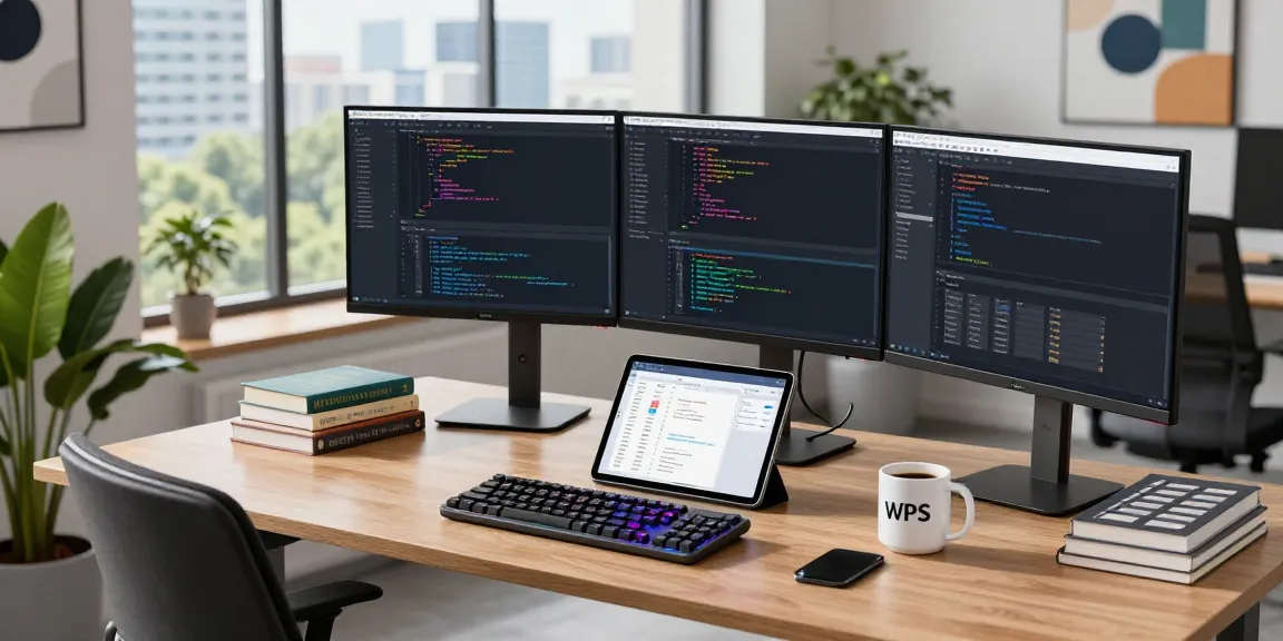 Innovative workspace showcasing WPS Official Website in a modern tech office, featuring a developer coding collaboratively.