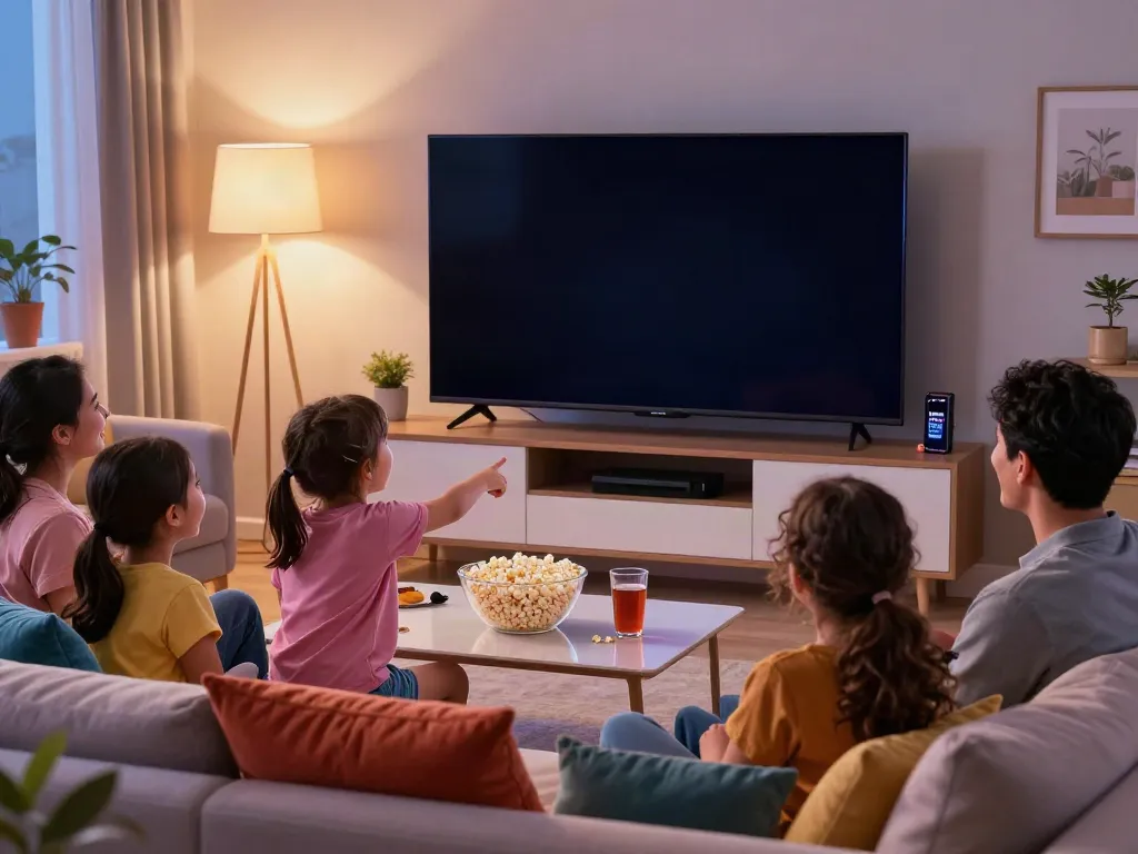 Family enjoying a movie night using MovieBox Pro APK in a cozy living room.