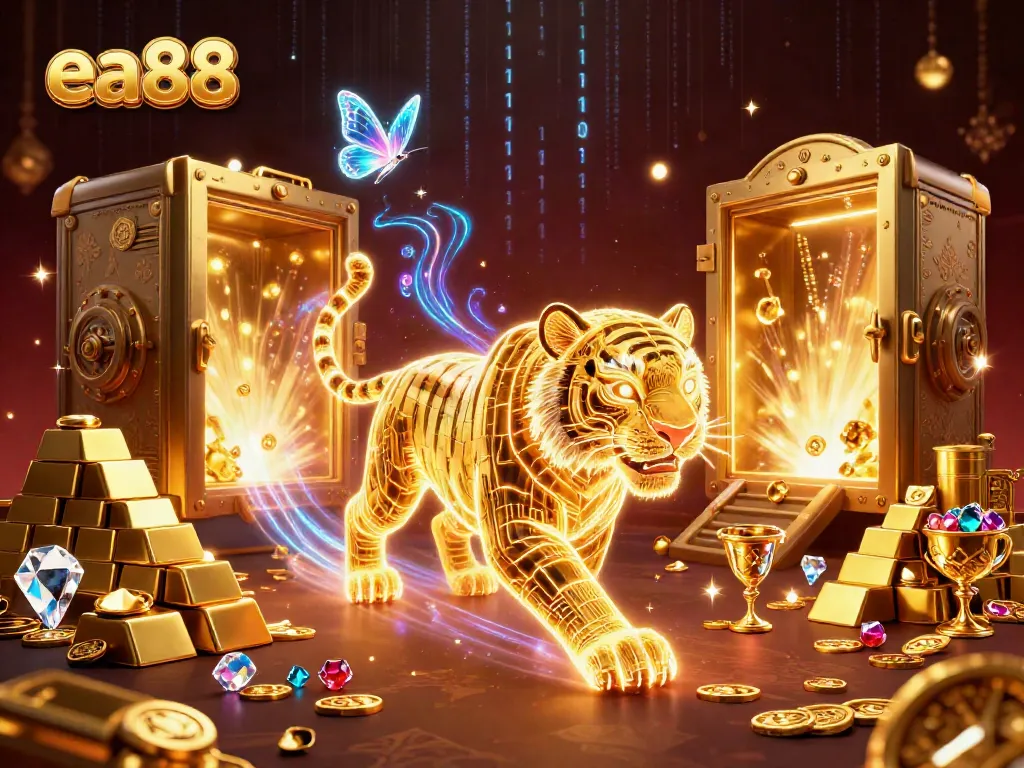 Engage in the exciting world of ea88 with neon-wireframe tiger and golden treasure vault bursting with jewels.