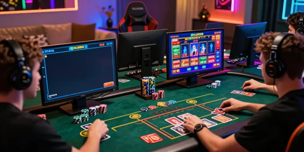 Engaged players enjoying real-time gambling on KU88 platform, showcasing live casino excitement and colorful games.