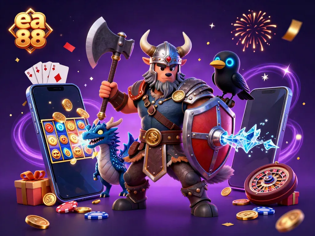 Engage with thrilling action in ea 88's vibrant casino scene with cartoon characters and game elements.